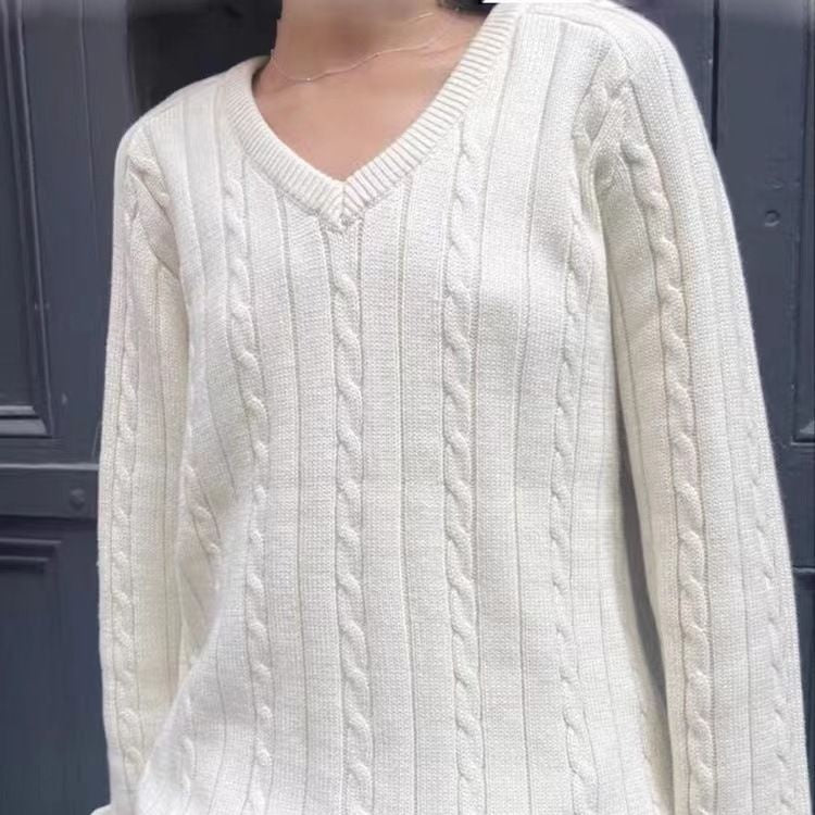 Same Style Autumn And Winter American Twist Pullover V-neck Sweater Women's Preppy Style Loose Sweater Top