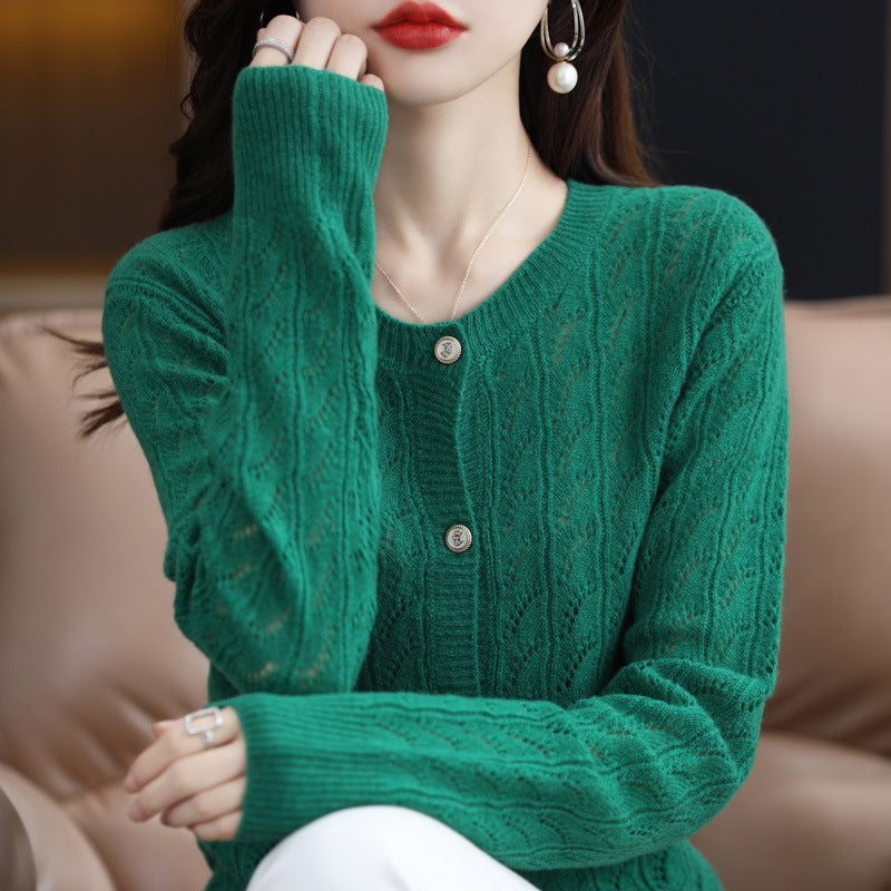 Women Solid Color Loose Round Neck Cardigan