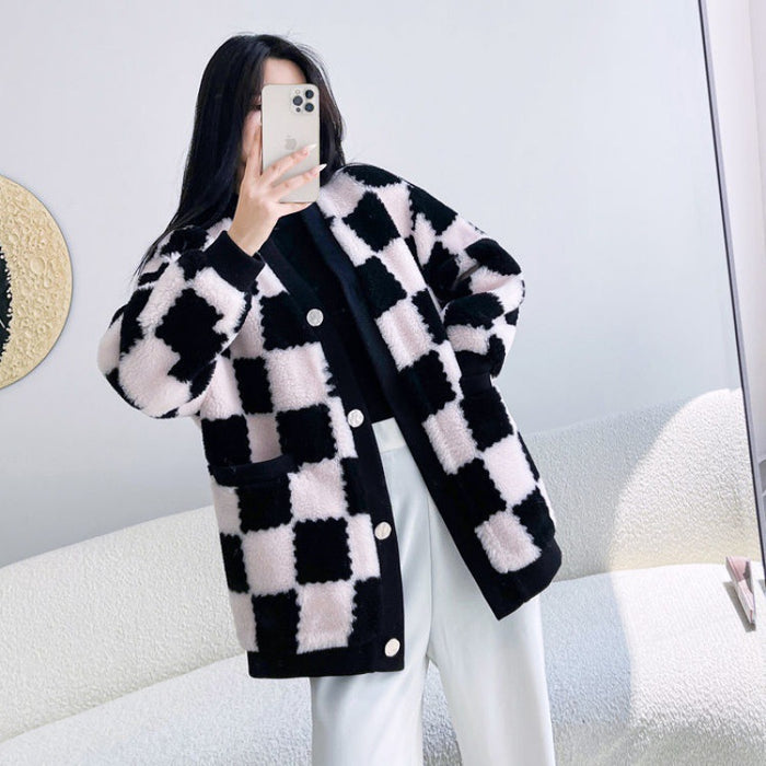 Women's Checkerboard Mid-length Sheep Shearling Coat Cardigan