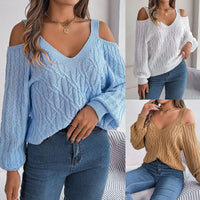 Twist Off-the-shoulder Lantern Sleeve Sweaters Women's Clothing