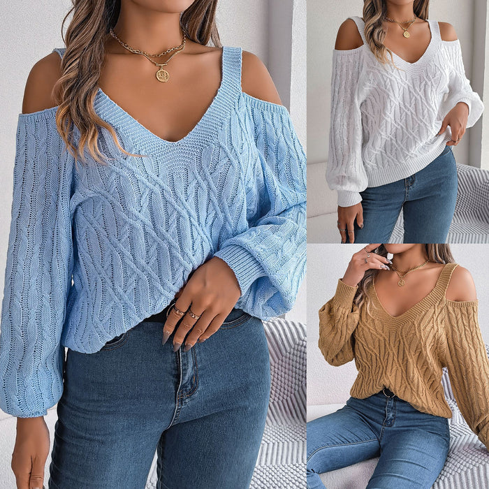 Twist Off-the-shoulder Lantern Sleeve Sweaters Women's Clothing