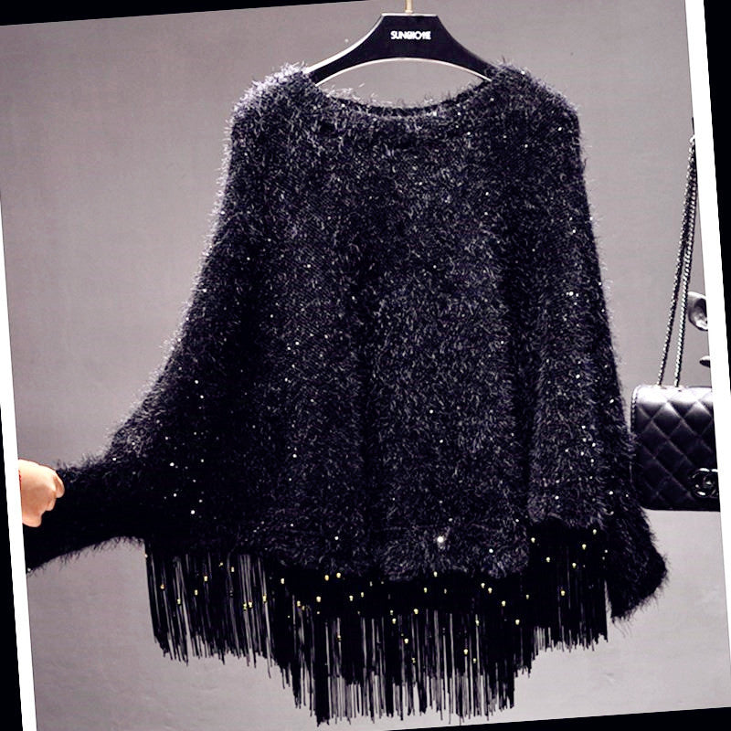 Autumn And Winter Sequined Tassels Loose-fitting Cape And Shawl Pullover Sweater