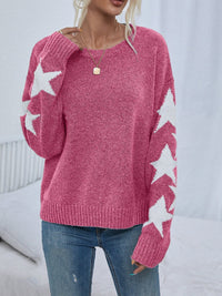 Women's Knitted Sweater Fashion Solid Color Five-pointed Star Jacquard Crew Neck Pullover Sweater