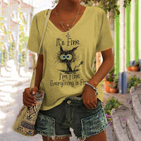 European And American Women's Clothing New Top Loose V-neck Digital Printed Short Sleeve T-shirt