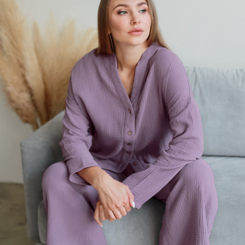 Crepe Cotton Pajamas Loose Breathable Confinement Clothing Long Sleeve Trousers Suit