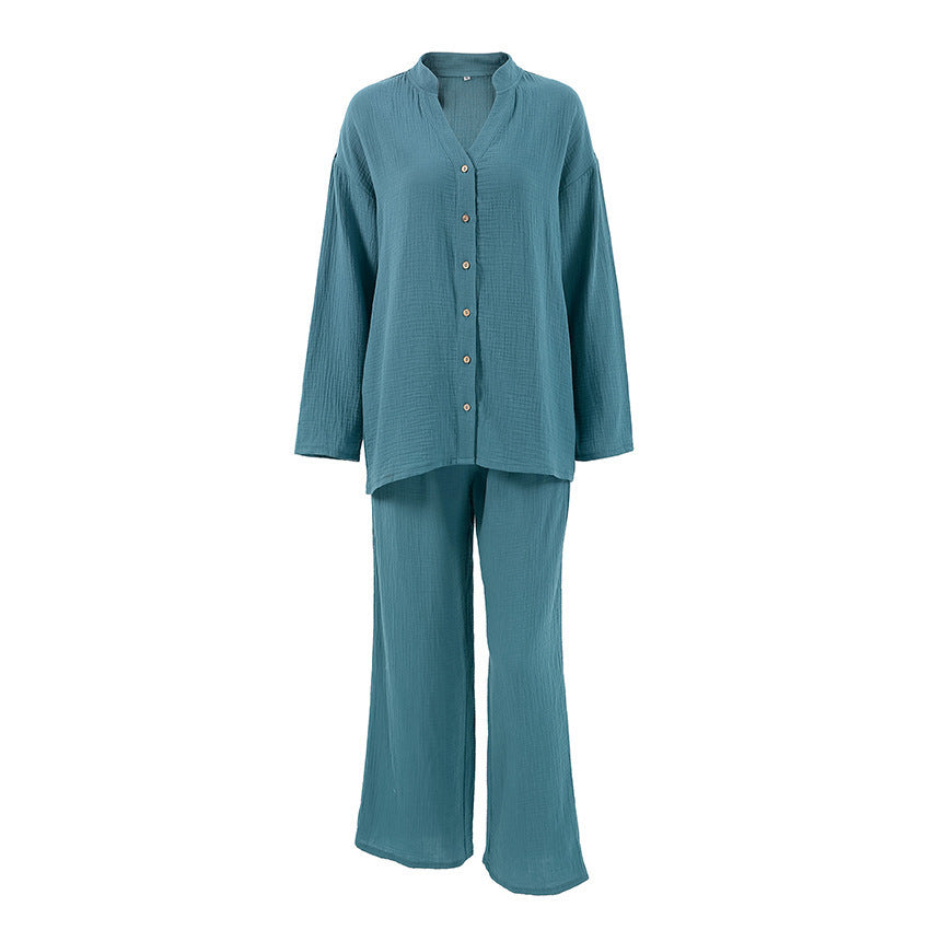 Crepe Cotton Pajamas Loose Breathable Confinement Clothing Long Sleeve Trousers Suit