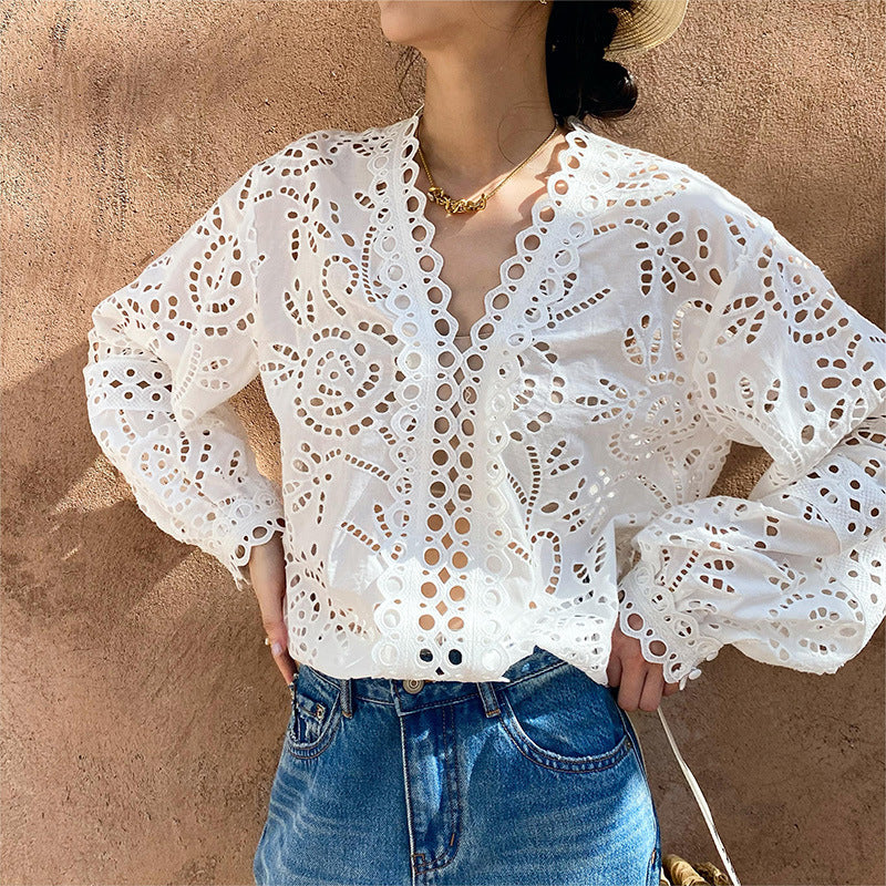 Cotton Embroidered French White Shirt Women's Long Sleeve Design Sense