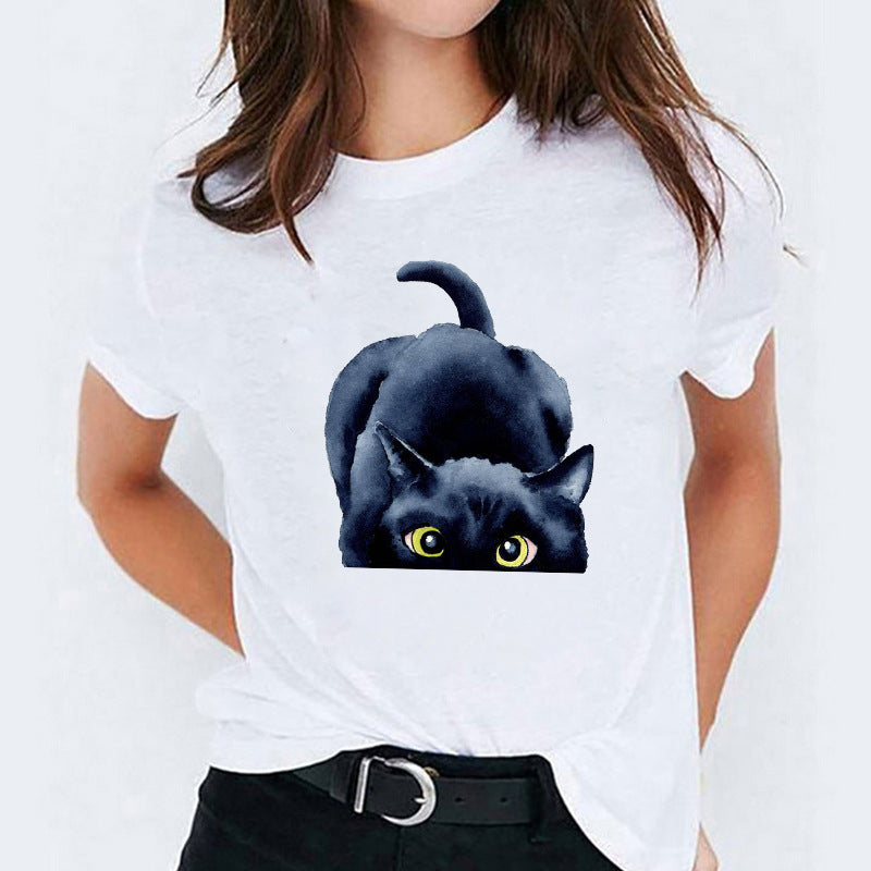 Cat Flamingo Round Neck Print T-shirt Short Sleeve Women's Clothing