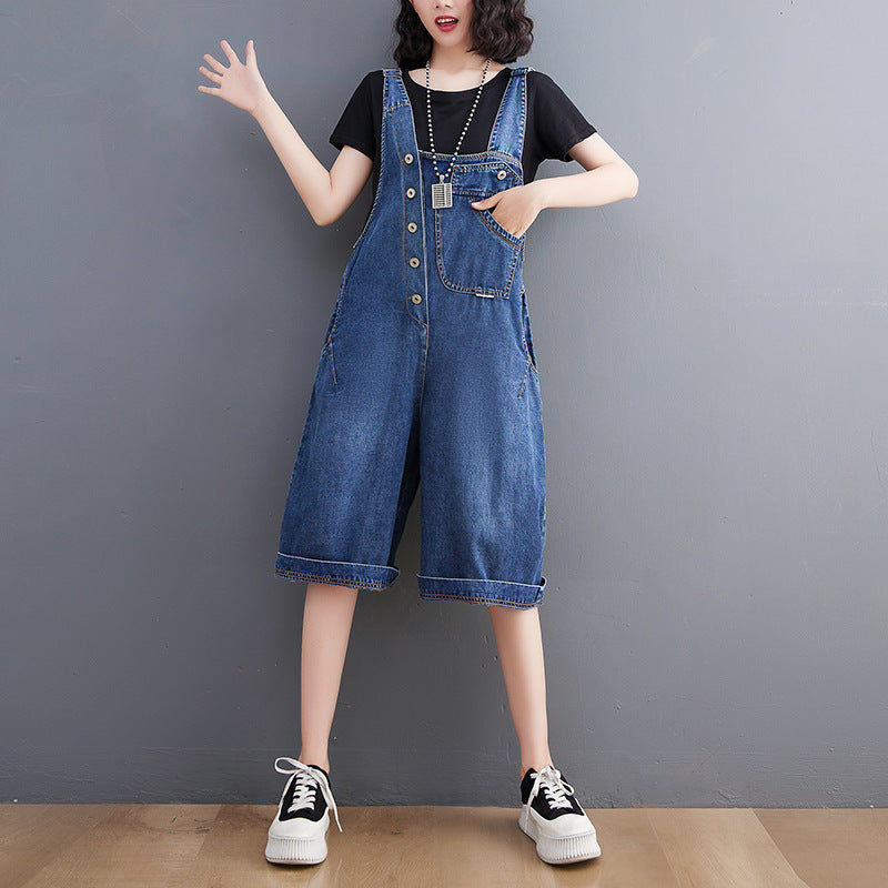 Age-reducing Denim Overalls Five-point Pants Women's Straight Shorts