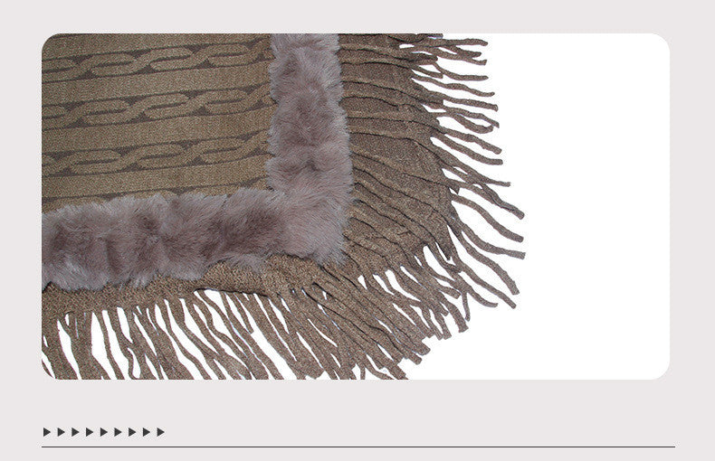 Pure Color Knitted Cape Shawl With Fur Collar