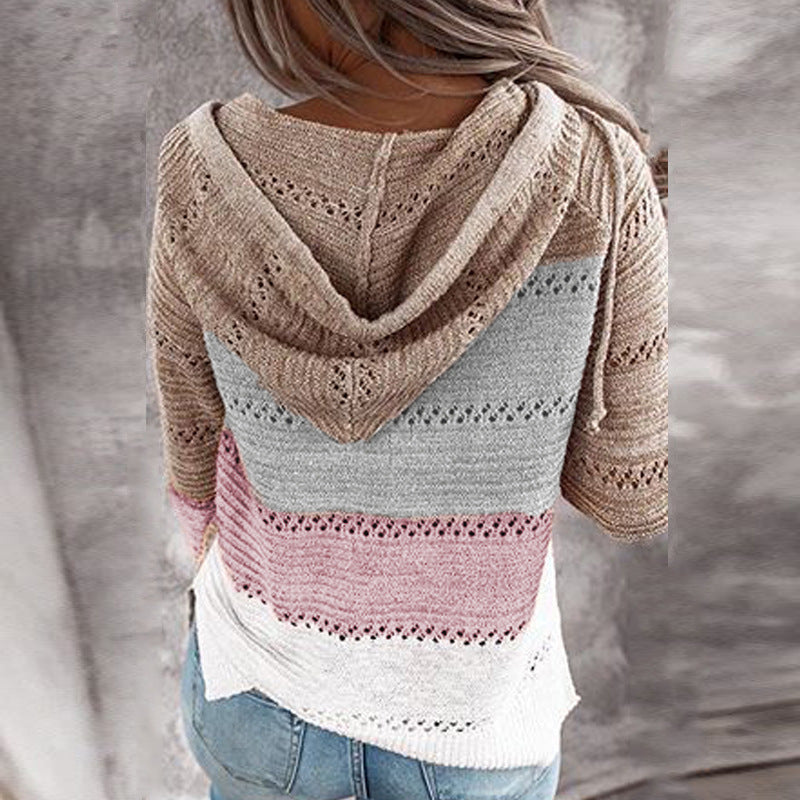 Stripe Loose V-Neck Hooded Long Sleeve Sweater