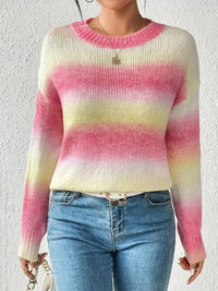 Stitching Contrast Color Knitted Sweater Fashion Pullover Round Neck Gradient Rainbow Striped Top