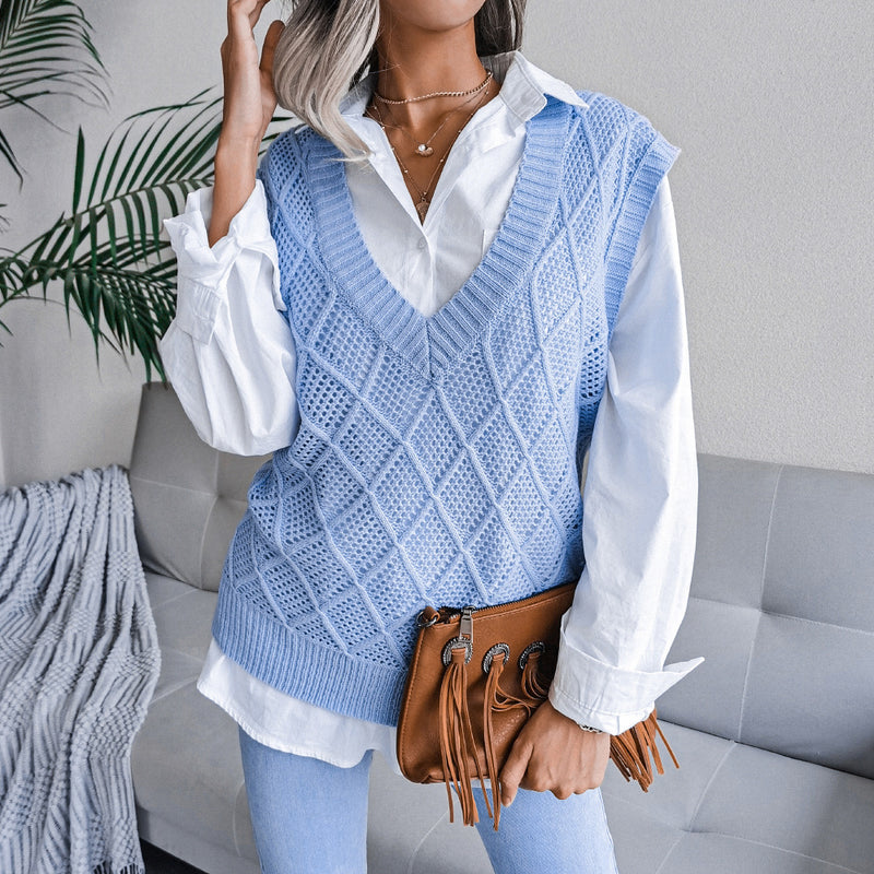 European And American V-neck Diamond Check Hollow Casual Knitted Jumper Vest