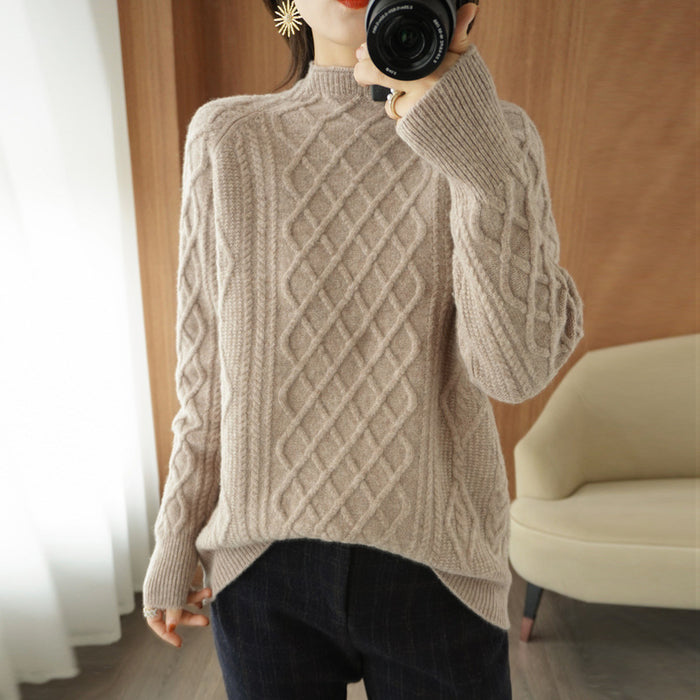 Women's Loose Turtleneck Twisted Wool Sweater