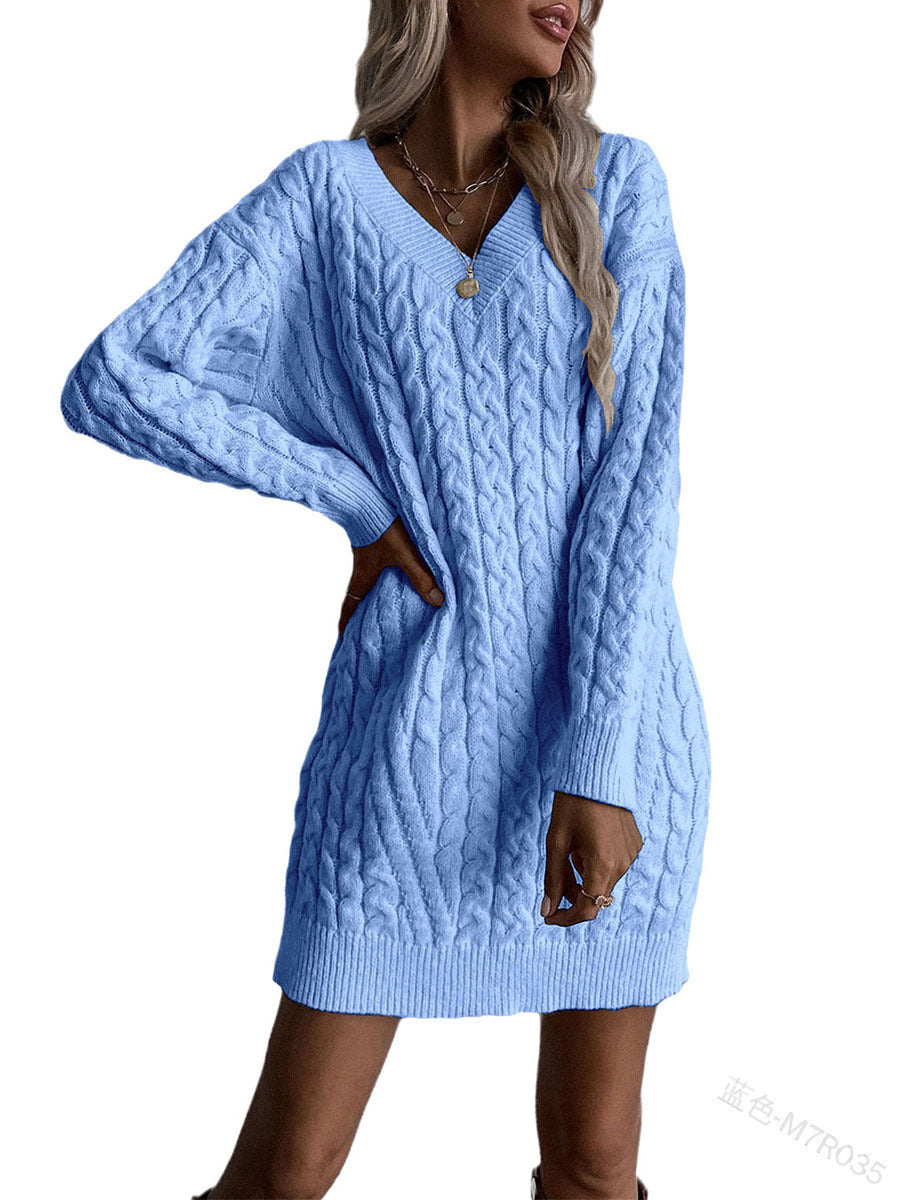 Solid Color And V-neck Pullover Dress Sweater Women's Casual Fashion Mid-length Knitwear