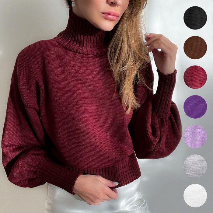 Solid Color Puff Sleeve Turtleneck Fashion Casual Sweater