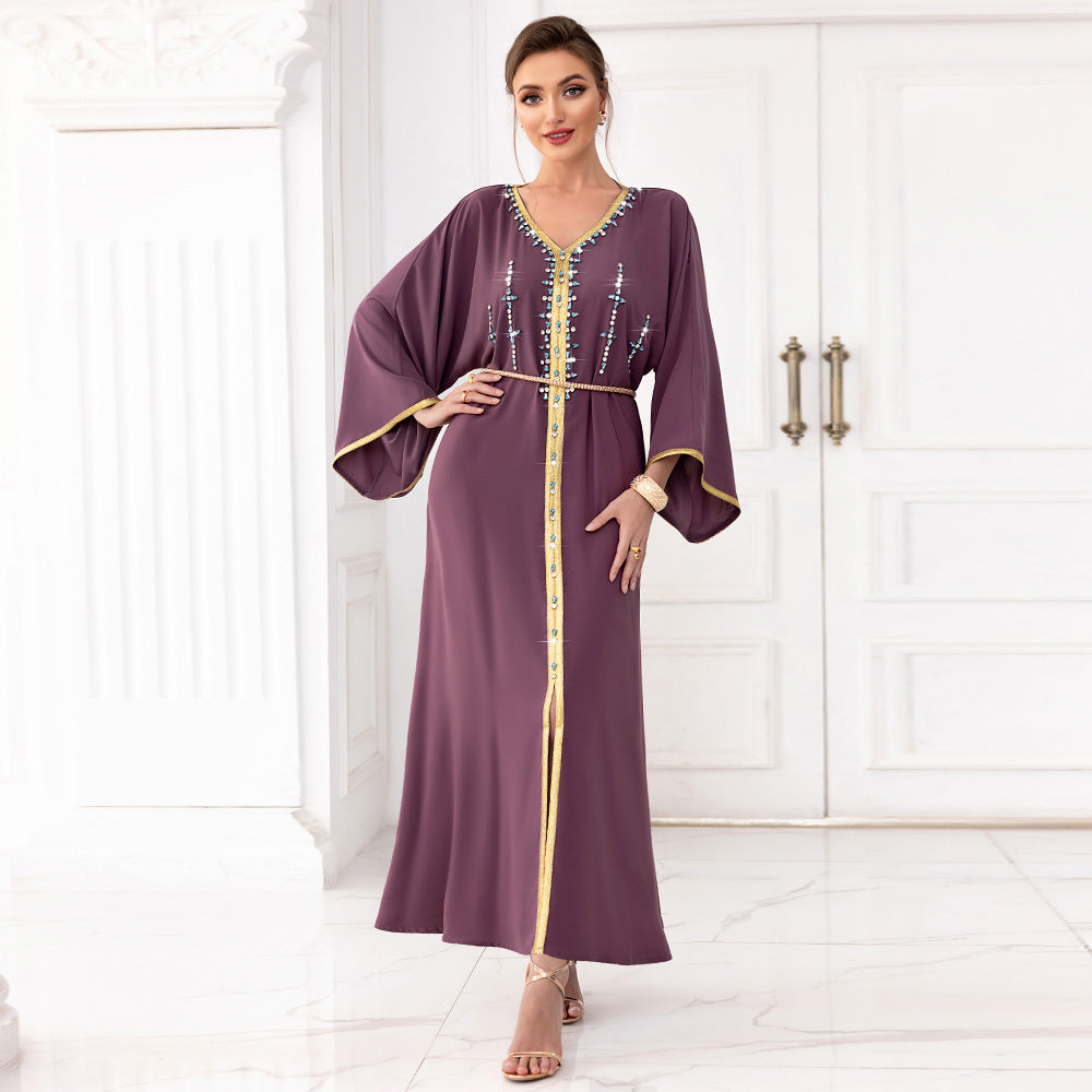 Spinach Root Color Hand-stitched Diamond Dubai Sleeve Dress