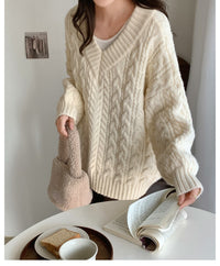 V-neck Thickening Cable-knit Sweater Women