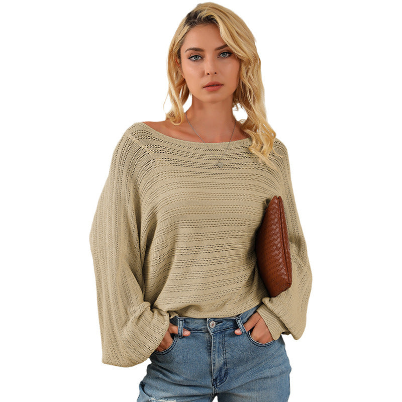 Textured Lantern Sleeve Off-neck Sweater Loose Pullover Sweater