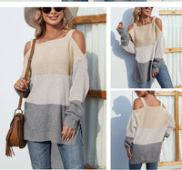 Contrast Color Off-the-shoulder Split Sling Sweater