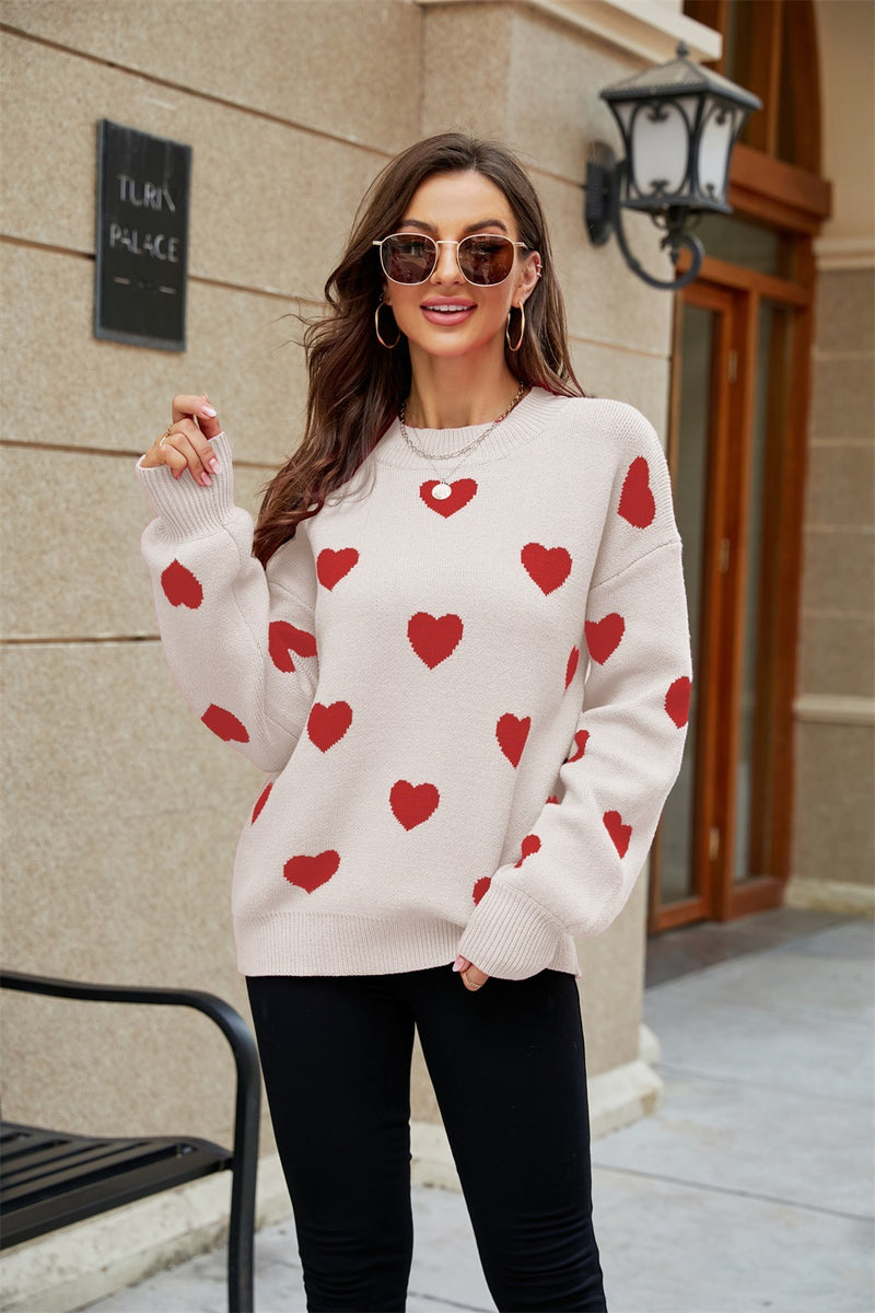 New Valentine's Day Heart Round Neck Plus Size Loose Women's Knit Sweater