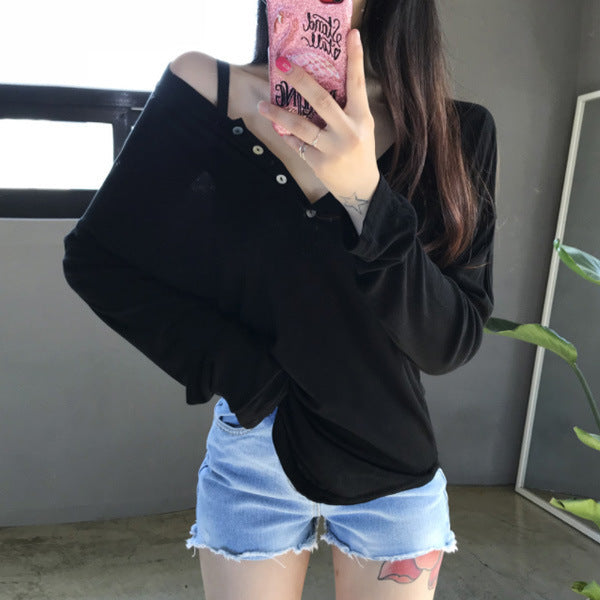 Off-the-shoulder Western Style Basic Solid Color Loose Comfortable Long Sleeve Shirt For Women