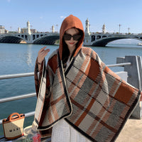 Shawl Simple Plaid Split Hooded Cape Thickened