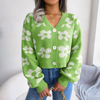 Fashionable Clashing Floral Lantern Sleeve Cardigan Jumper Jacket