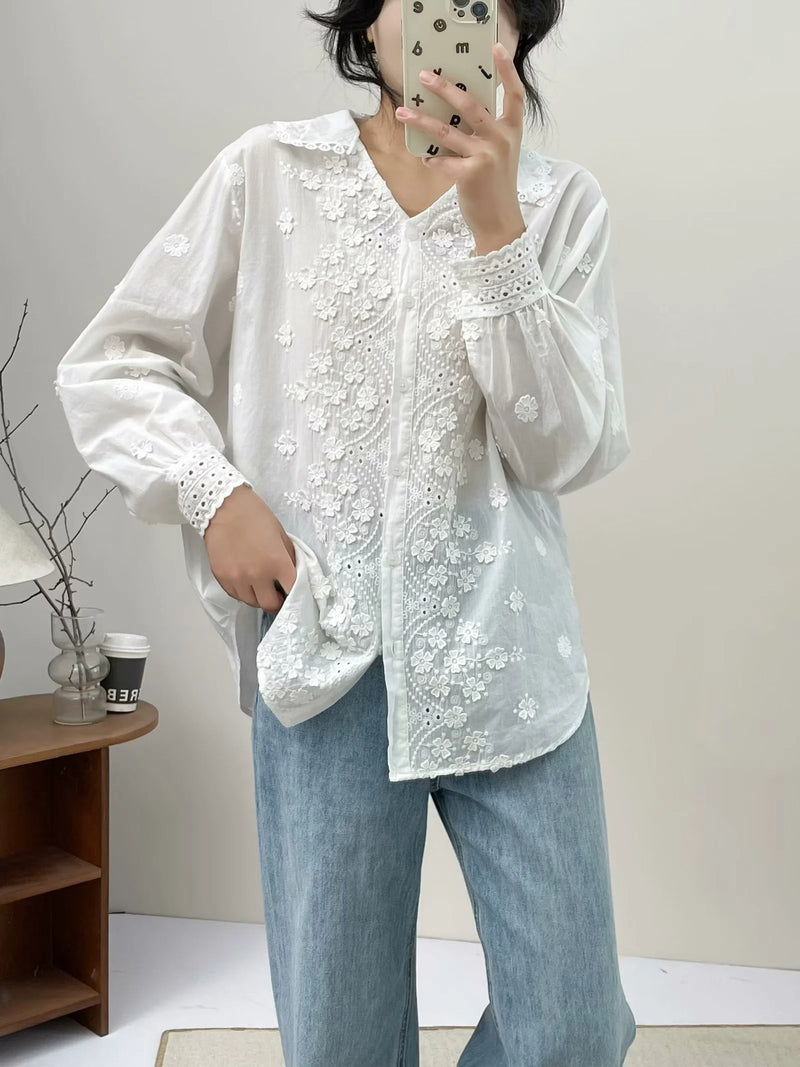 Three-dimensional Flower Embroidered Lapel Single-breasted Long Sleeve Shirt For Women