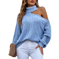 New Polo Collar Shoulder Drop Knit Solid Color Pullover Sweater For Women