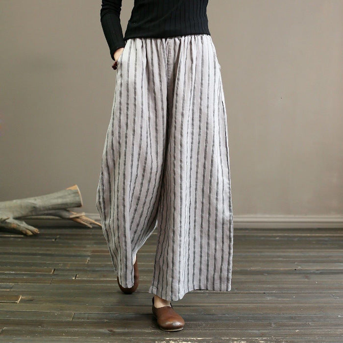 Slimming Draping Casual Retro Cotton And Linen Stripes Wide Leg Pants For Women