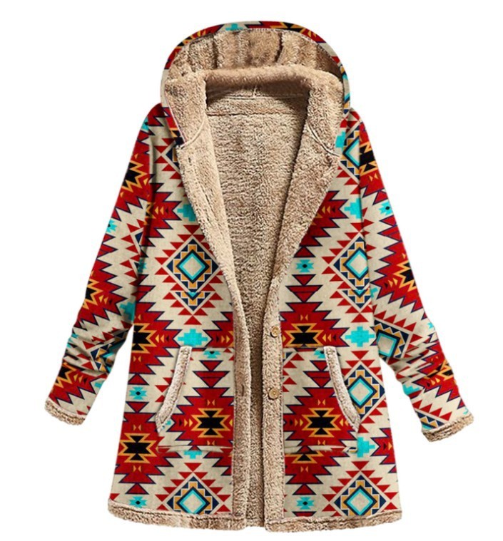 Cotton And Linen Printed Hooded Sweater Warm Plush Jacket