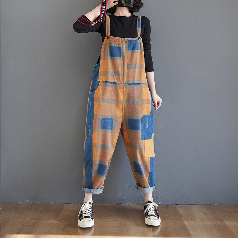 Vintage Literary Print Plaid Wash Denim Overalls