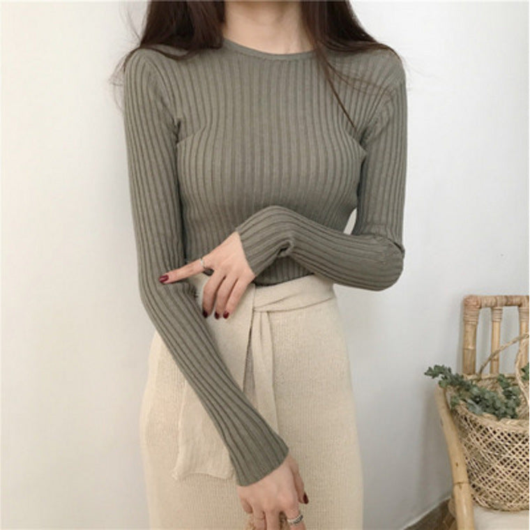 Women's Round Neck Cored Yarn Slimming Knitted Long Sleeve Slim Fit Skinny Warm Sweater