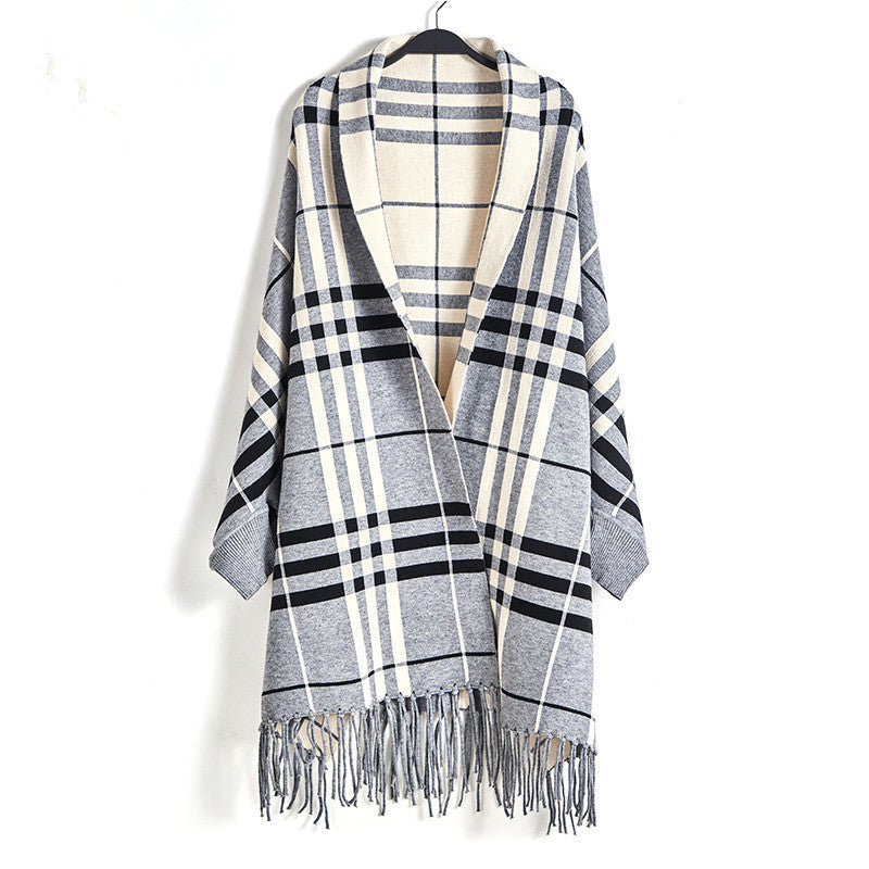 Plaid Mid-length Cardigan Women's Knitted Tassel Shawl Coat Women