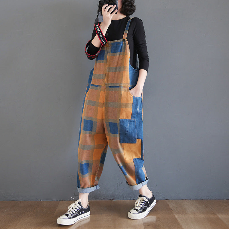 Vintage Literary Print Plaid Wash Denim Overalls