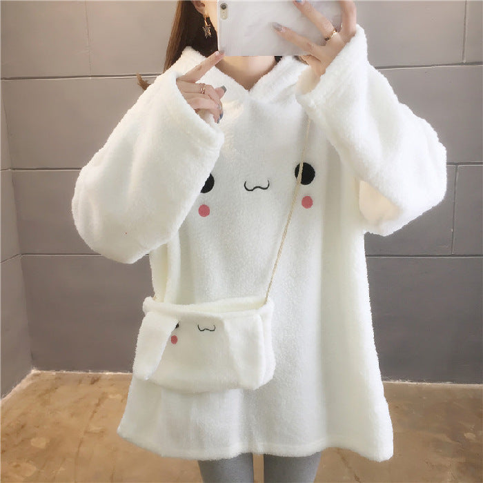 Cute Long Rabbit Ears Lamb Wool Hooded Pullover Sweater