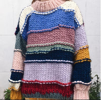 Hand-woven Rainbow Striped Contrast Color Sweater Coat