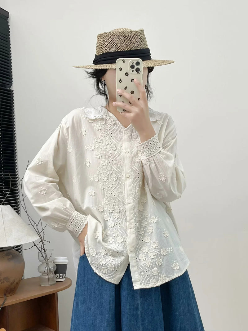 Three-dimensional Flower Embroidered Lapel Single-breasted Long Sleeve Shirt For Women