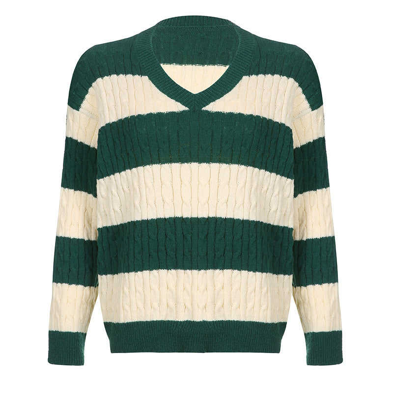 Trendy European And American Colorblock Striped Wool Top