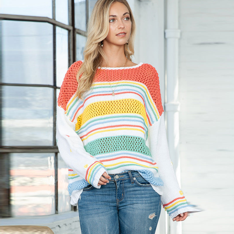 Rainbow Striped Pullover Women's European And American Fashion Dopamine Contrast Color Round Neck Sweater