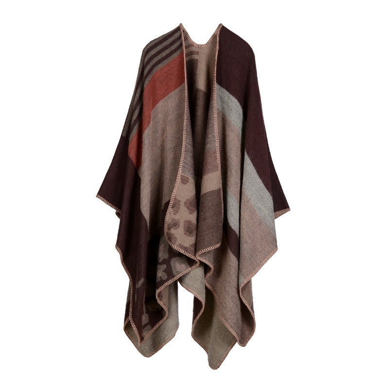 Autumn And Winter Scarf Wild Plaid Ladies Travel Shawlimitation Cashmere Ethnic Wind Split Thick Cloak