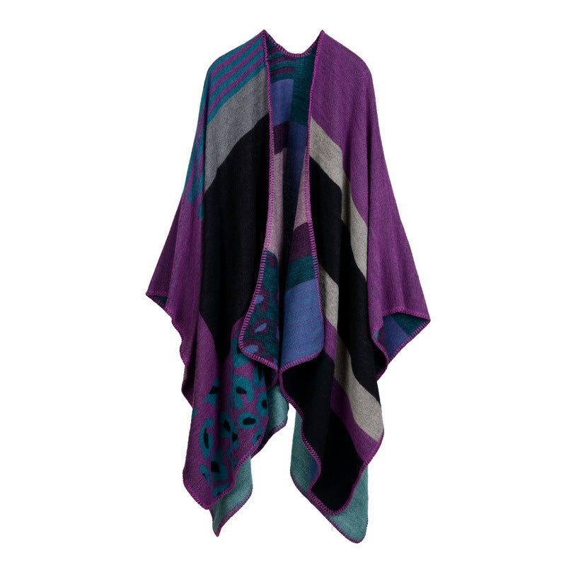 Autumn And Winter Scarf Wild Plaid Ladies Travel Shawlimitation Cashmere Ethnic Wind Split Thick Cloak