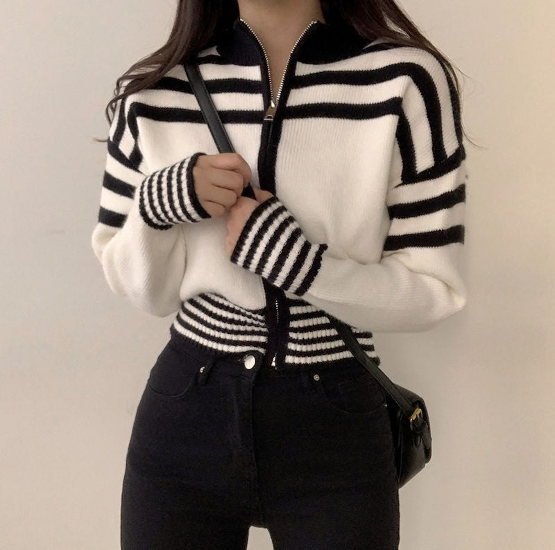 Spring And Autumn Retro Contrast Color Zipper Stand-up Collar Cinched Cropped Sweater Coat