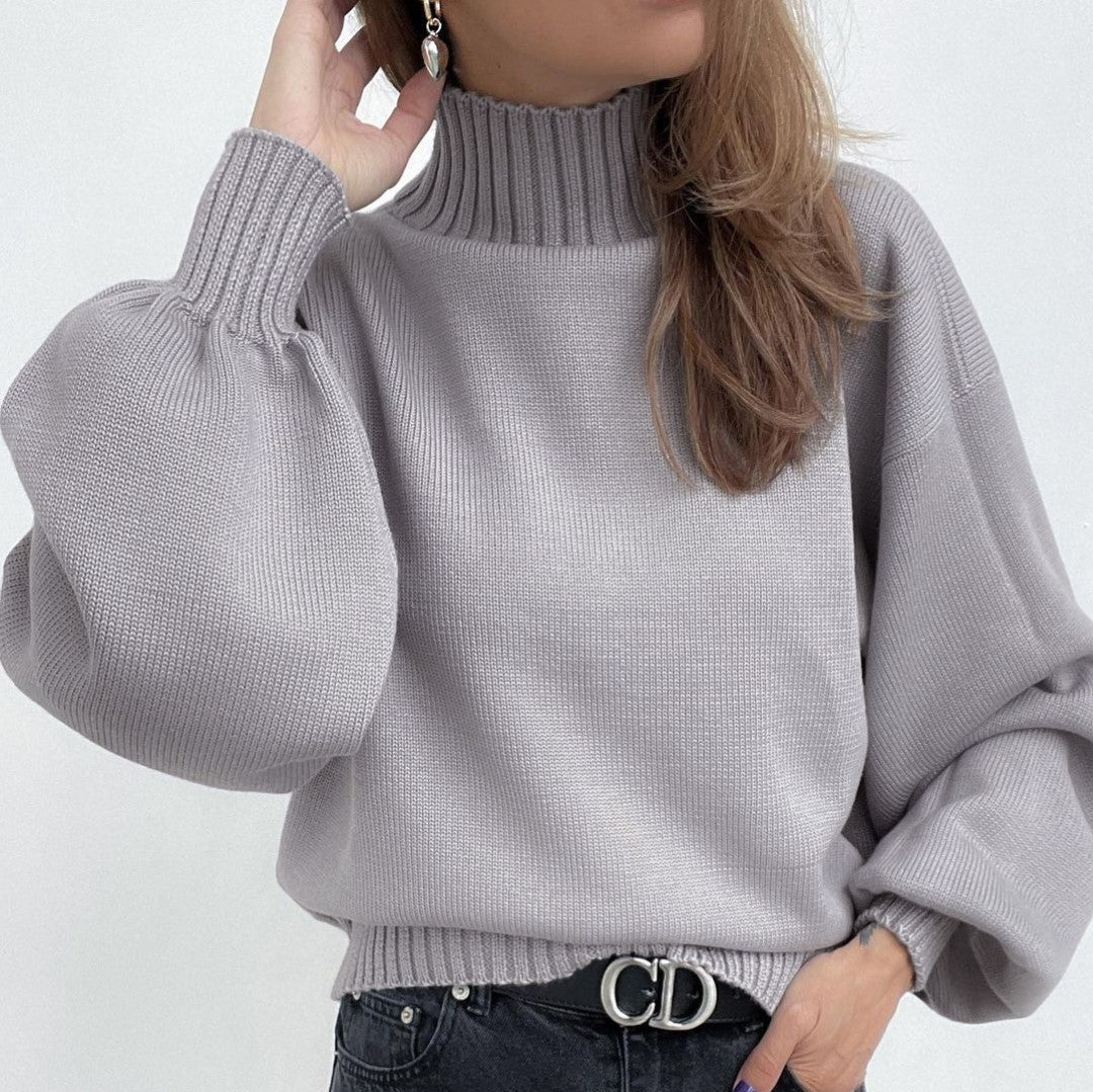 Solid Color Puff Sleeve Turtleneck Fashion Casual Sweater