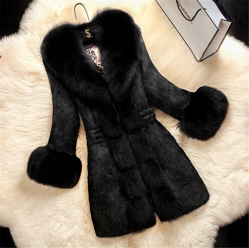 High-end female imitation rabbit fur coat in the long section of the oversized fox fur collar coat new fur