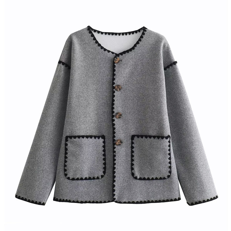 Graceful European And American Style Color Matching Pocket Decorative Woolen Fashionable Jacket