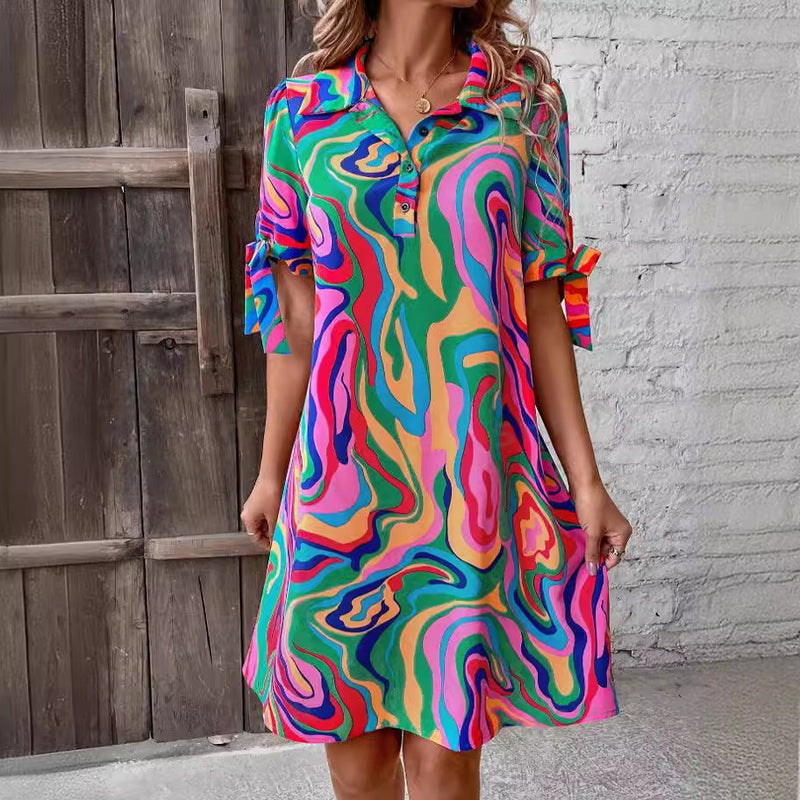 European And American Fluid Print Shirt Dress Half Sleeve Bow Casual