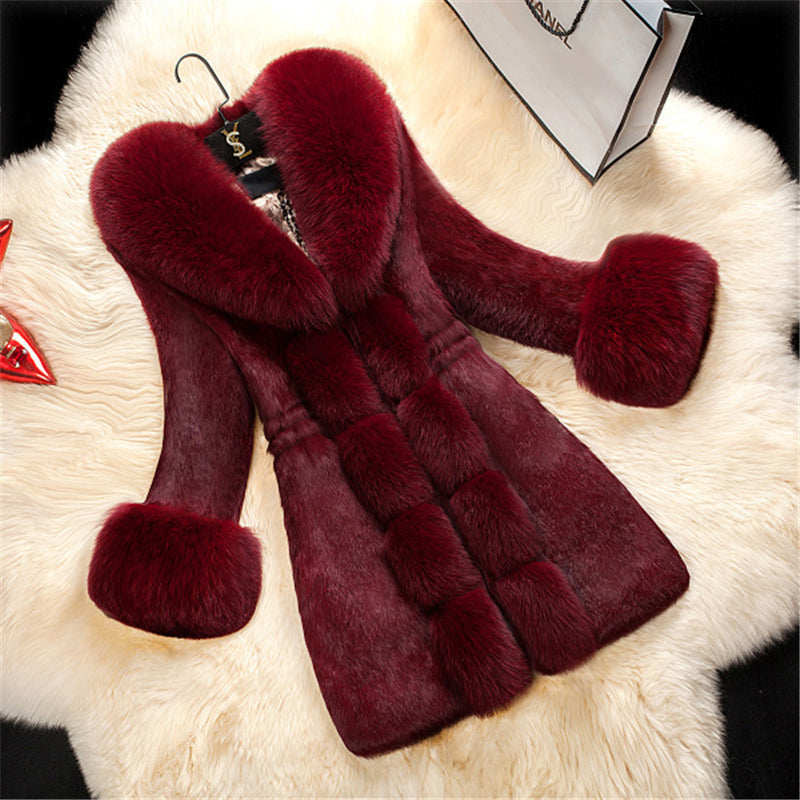 High-end female imitation rabbit fur coat in the long section of the oversized fox fur collar coat new fur