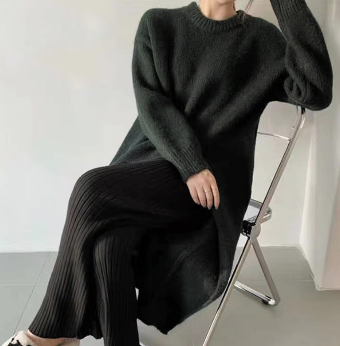 Loose And Idle Pullover Side Slit Over The Knee Knitted Sweater Dress